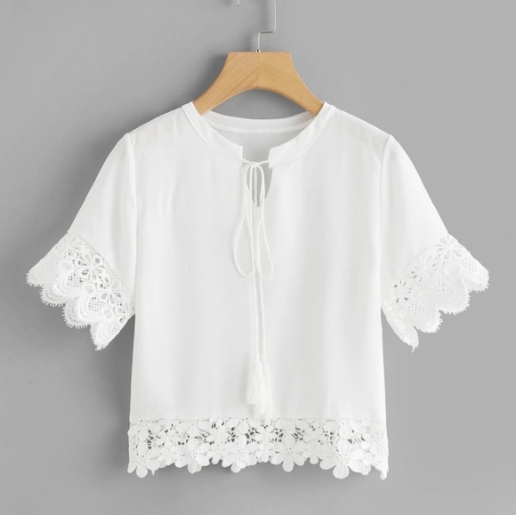 Tops - White Lace Hem Tie Neck Top Size S